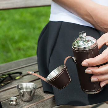 Kikkerland Leather Flask Set 