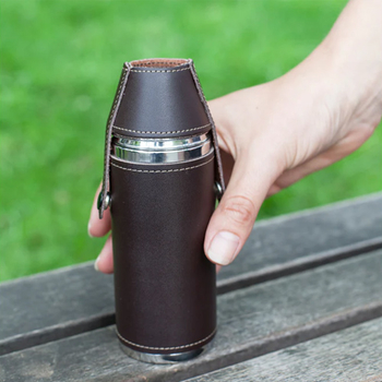 Kikkerland Leather Flask Set 