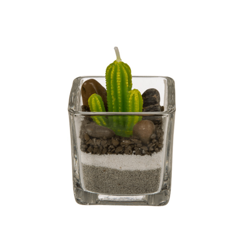 Candle in glass, Cactus with sand & stone deco - sviečka kaktus II