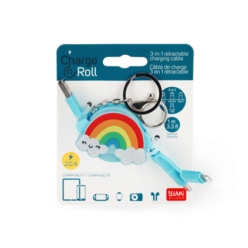 Legami 3-in-1 Retractable Charging Cable - Charge 'N Roll - Rainbow