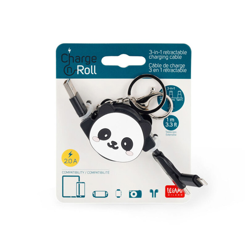 Legami 3-in-1 Retractable Charging Cable - Charge 'N Roll - Panda